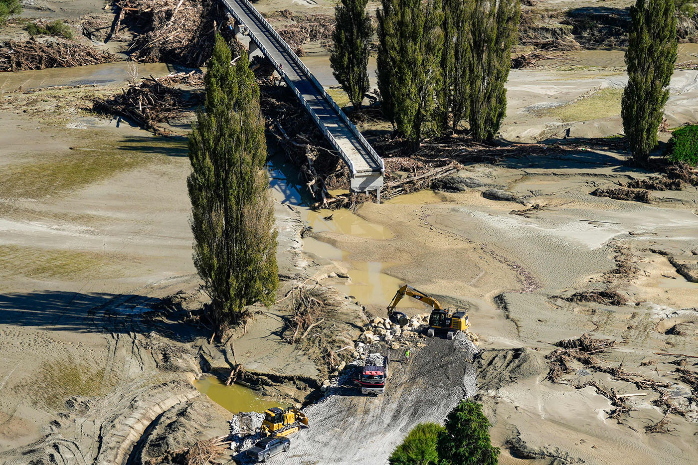 An aerial view shows the damage left by Cyclone Gabrielle in the Esk Valley